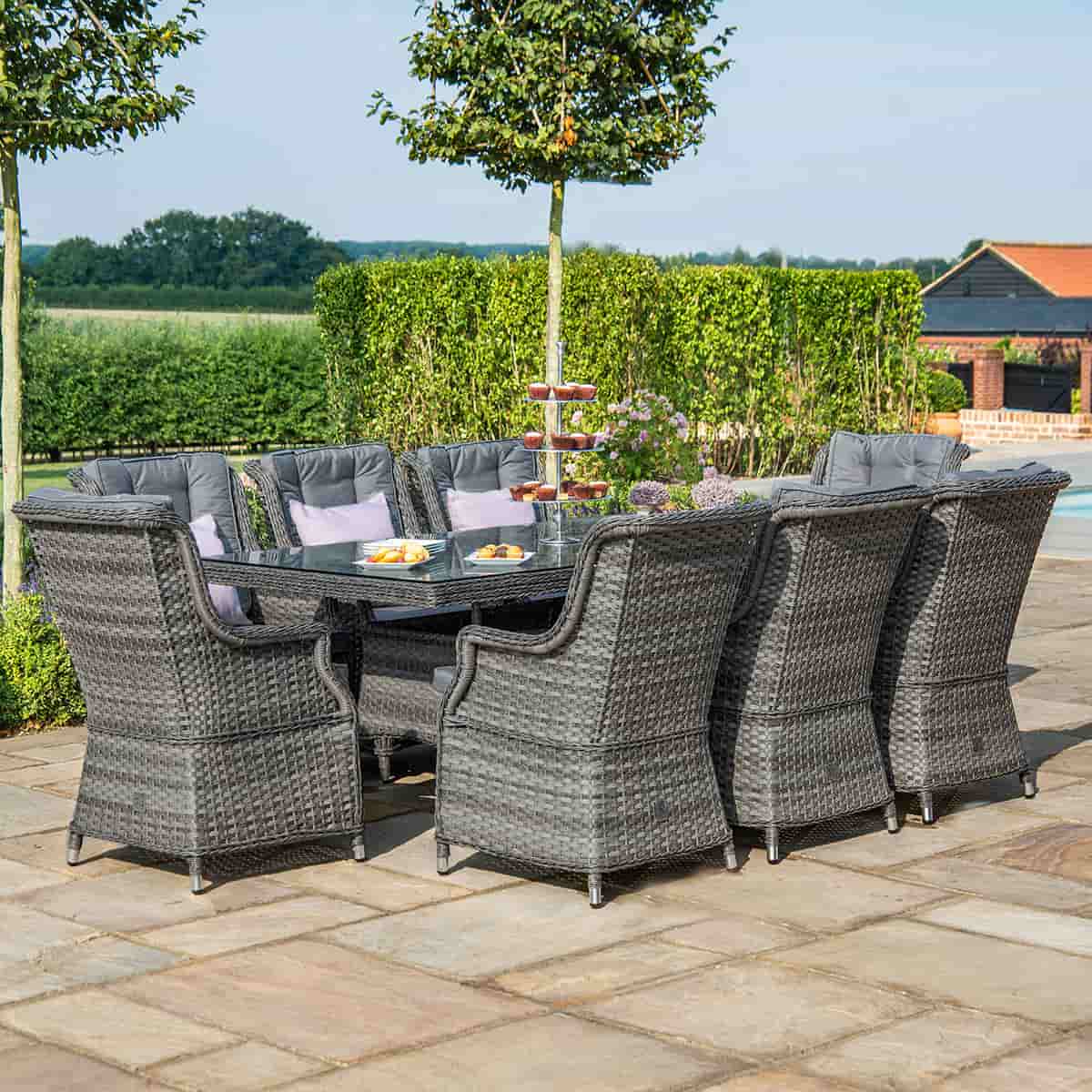 Grey rattan 8 seat rectangular dining set with high back chairs