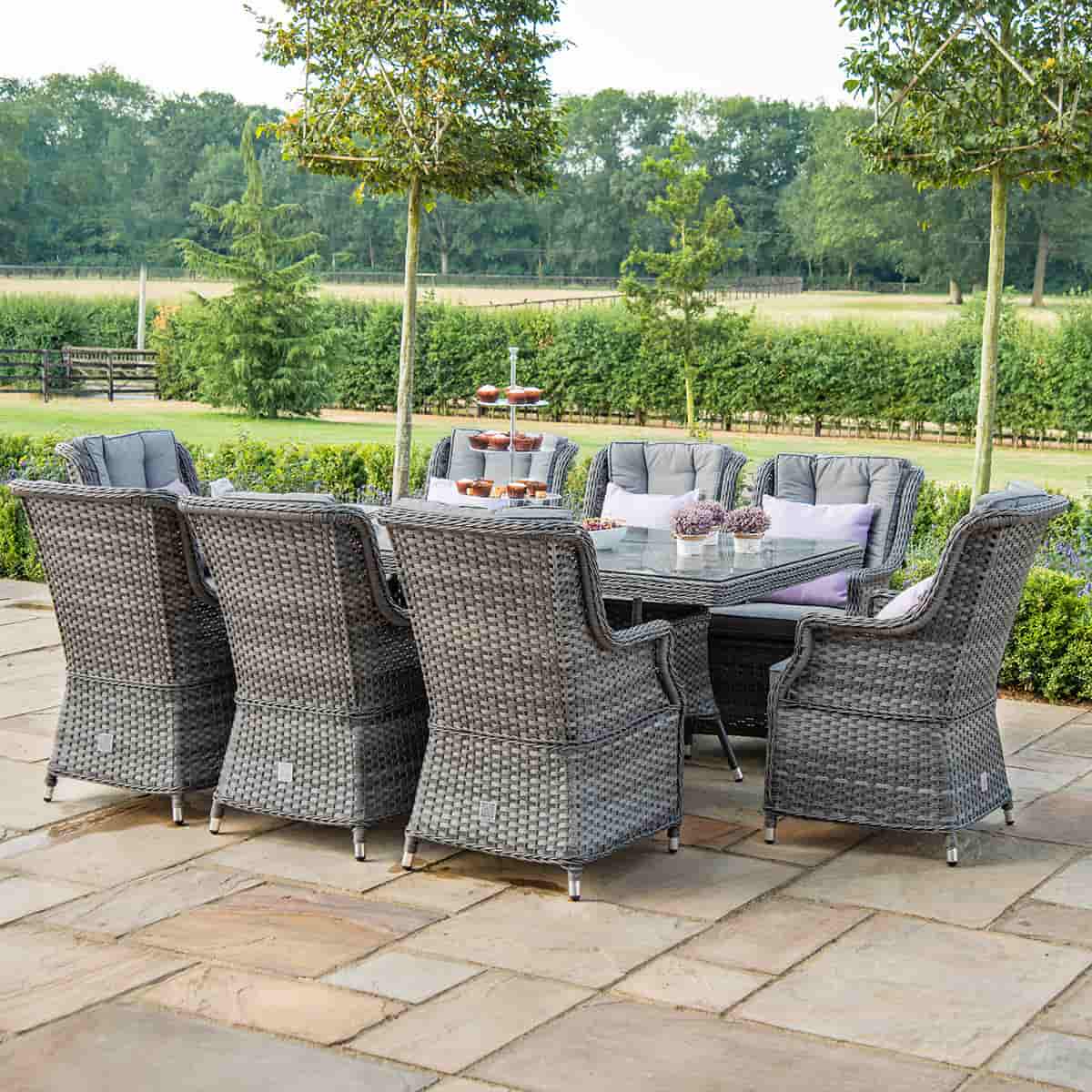 Grey rattan 8 seat rectangular dining set with high back chairs