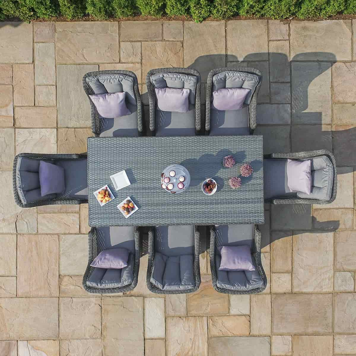 Overhead view of grey rattan 8 seat rectangular dining set with high back chairs