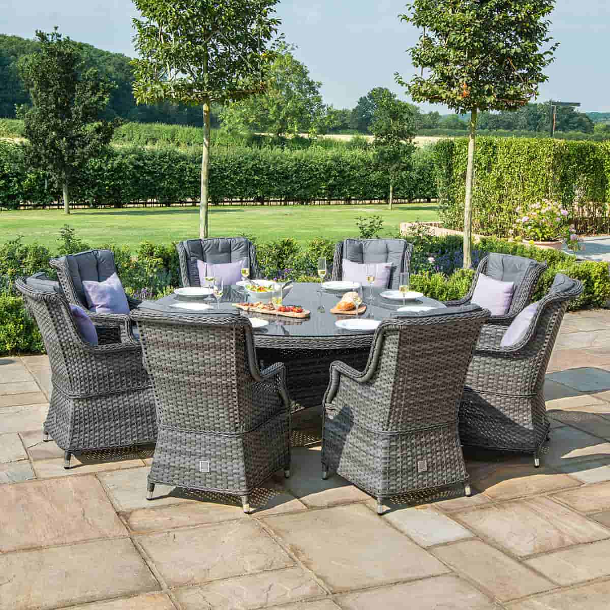 Grey rattan 8 seat round dining set with high back chairs