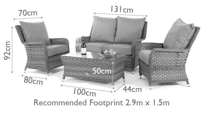 Diagram of a rattan high back 2 seat sofa set with two armchairs and a matching coffee table