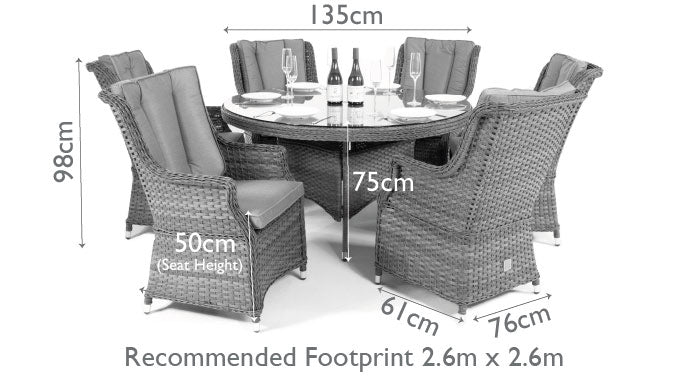 Diagram of a rattan 6 seat round dining set with high back chairs