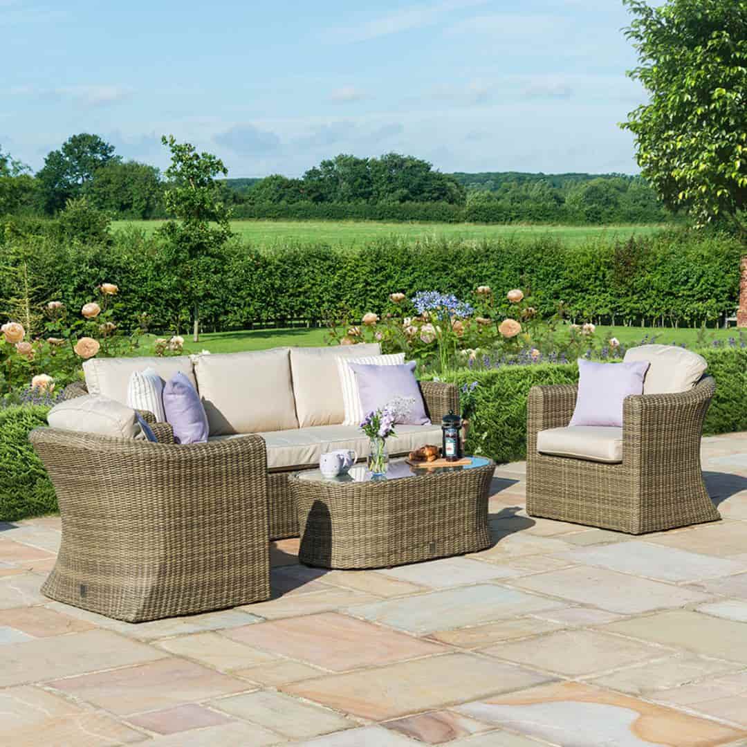 Natural coloured rattan 3 seat sofa set with two armchairs and matching coffee table