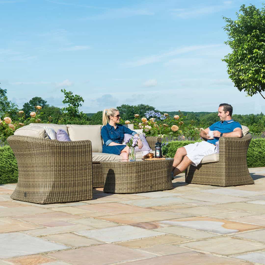 Natural coloured rattan 3 seat sofa set with two armchairs and matching coffee table