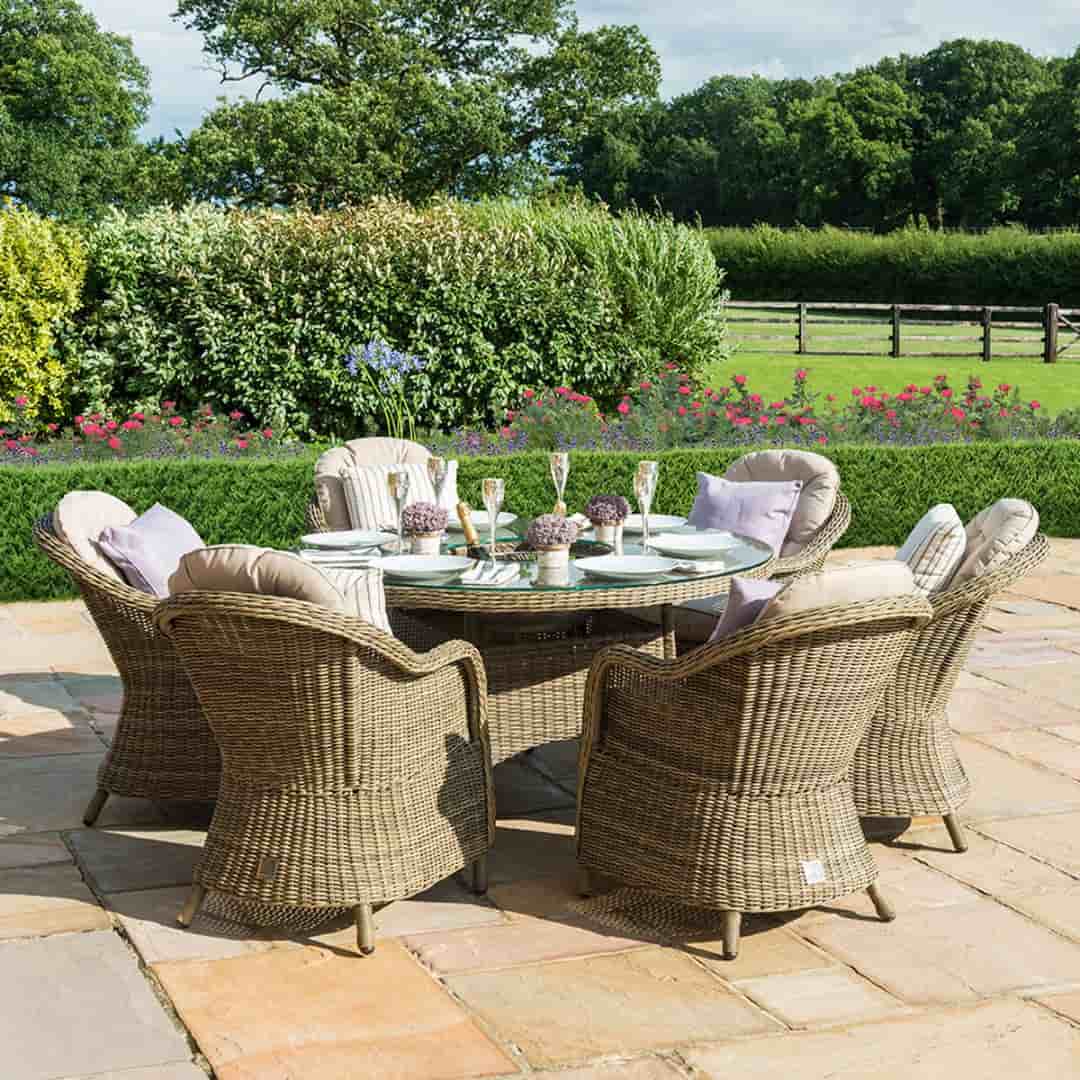 Natural coloured 6 seat round ice bucket dining set with heritage chairs and lazy susan