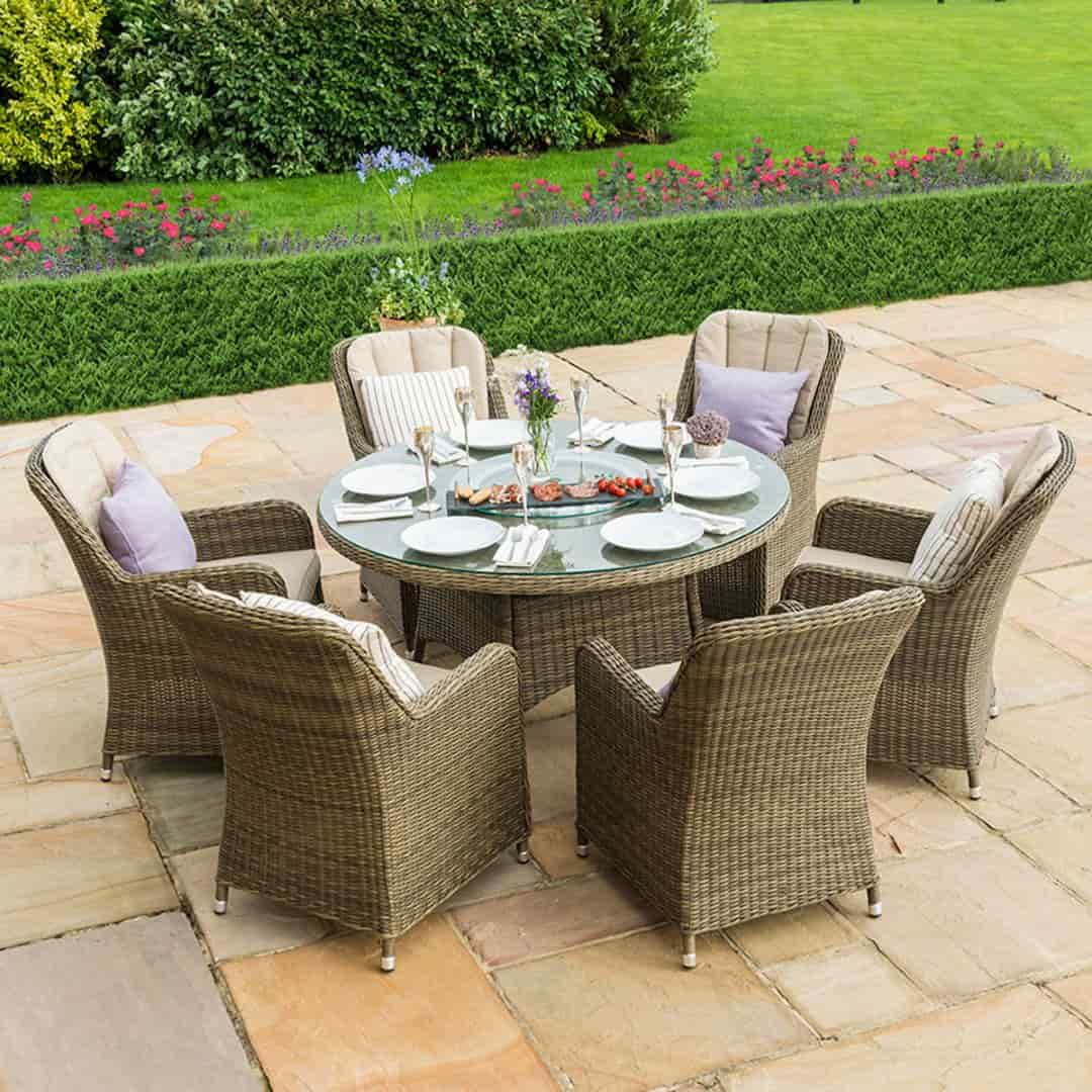 Natural coloured rattan 6 seat round dining set with Venice chairs, ice bucket and lazy susan