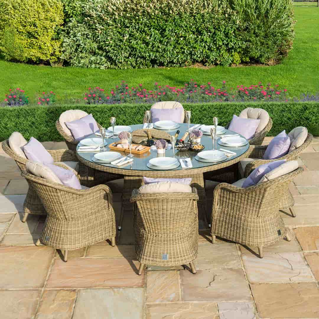 Natural coloured rattan 8 seat round dining set with ice bucket and lazy susan