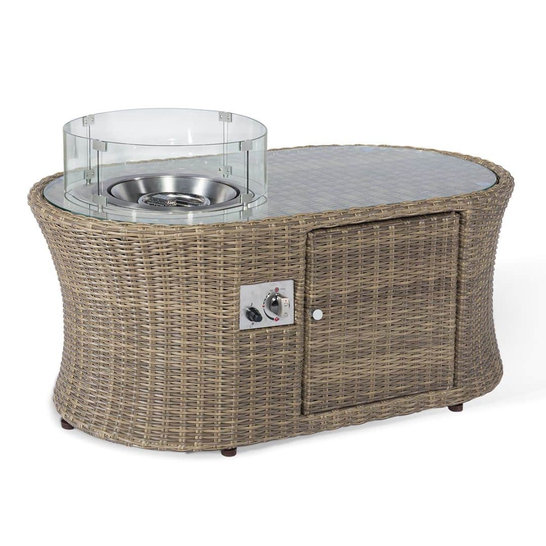 Brown rattan oval fire pit coffee table.