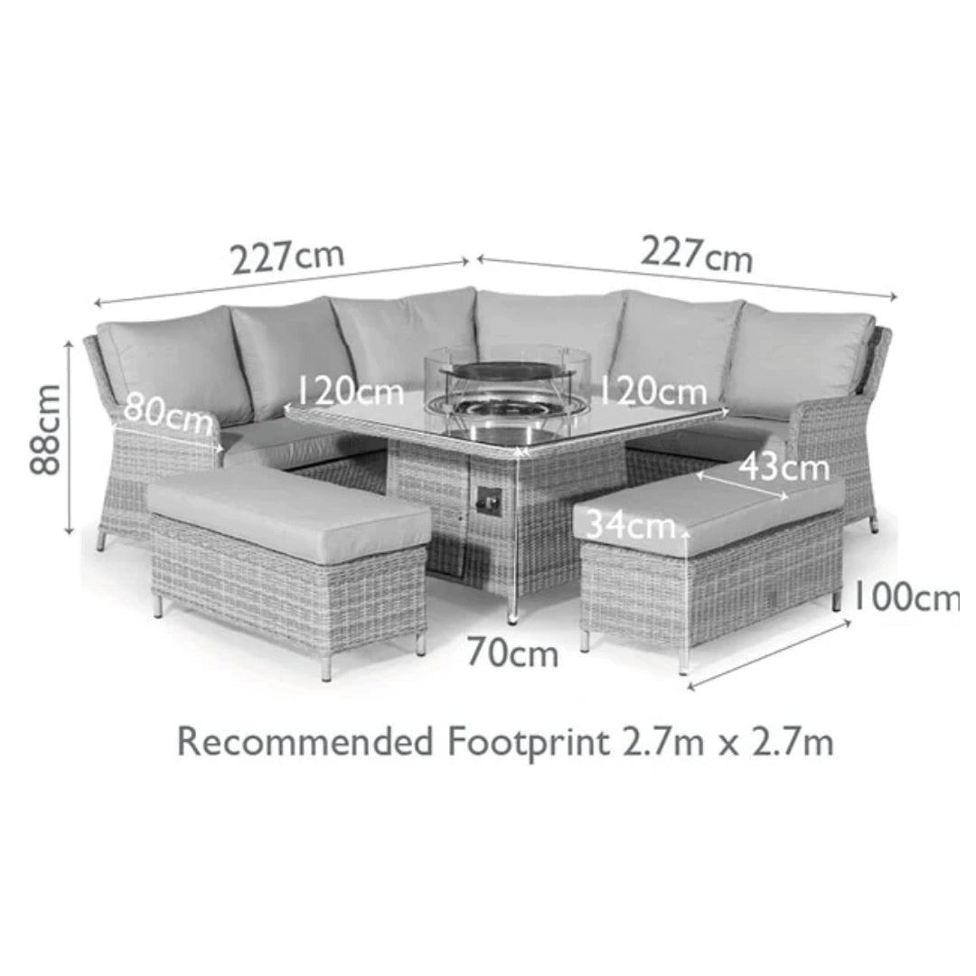 Diagram of a corner sofa, two benches and a square fire pit table.