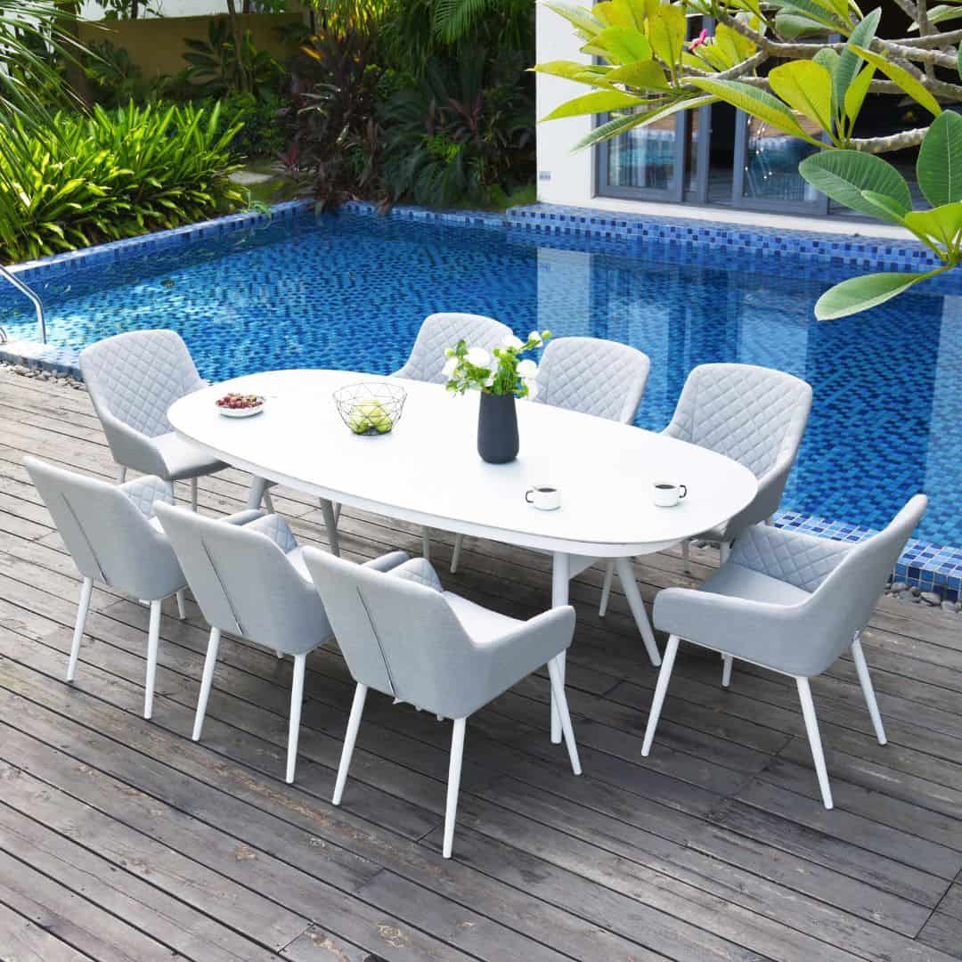 8 seat oval dining set with white frame and light grey fabric dining chairs #colour_lead chine