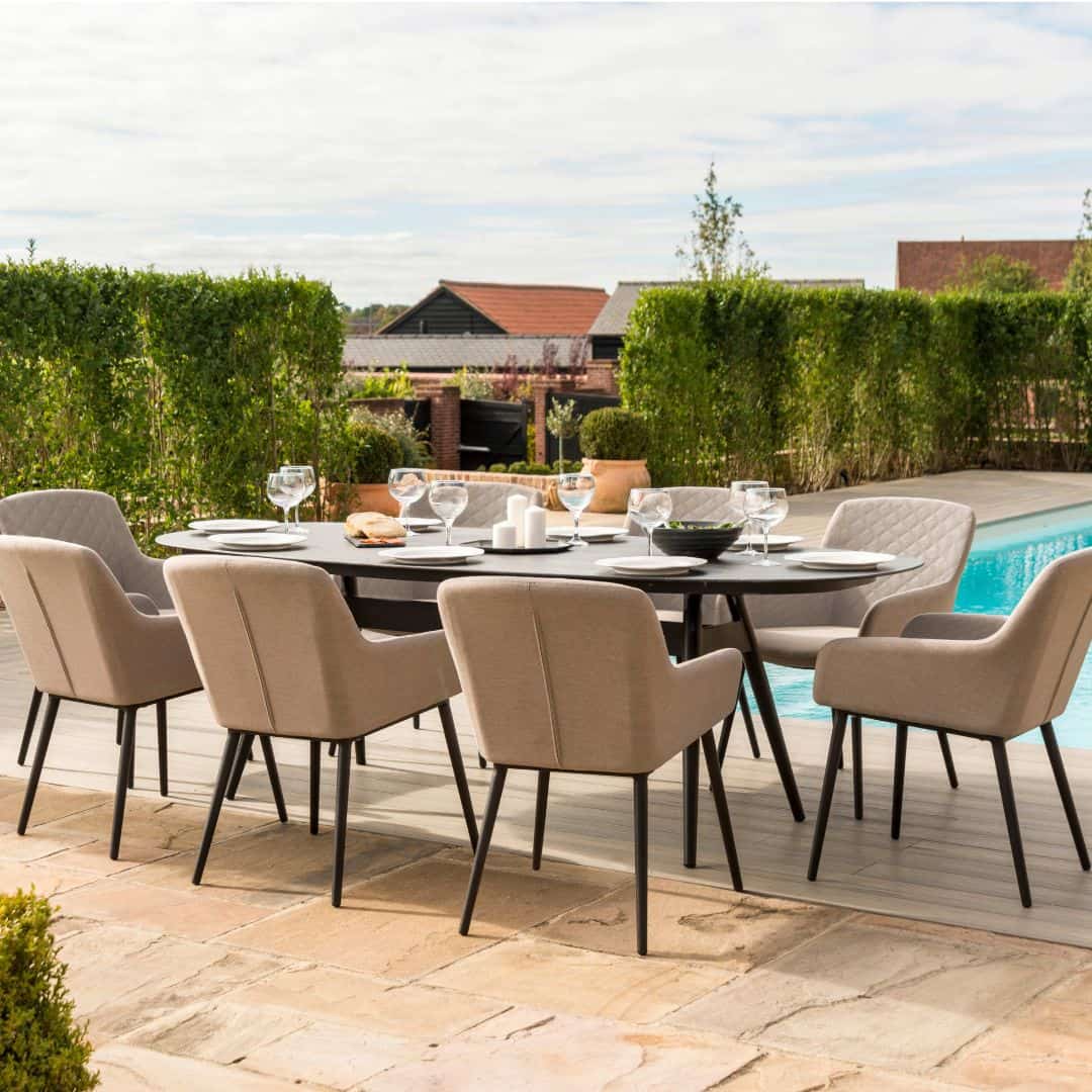 Side view of a 8 seat oval dining set with taupe fabric dining chairs #colour_taupe