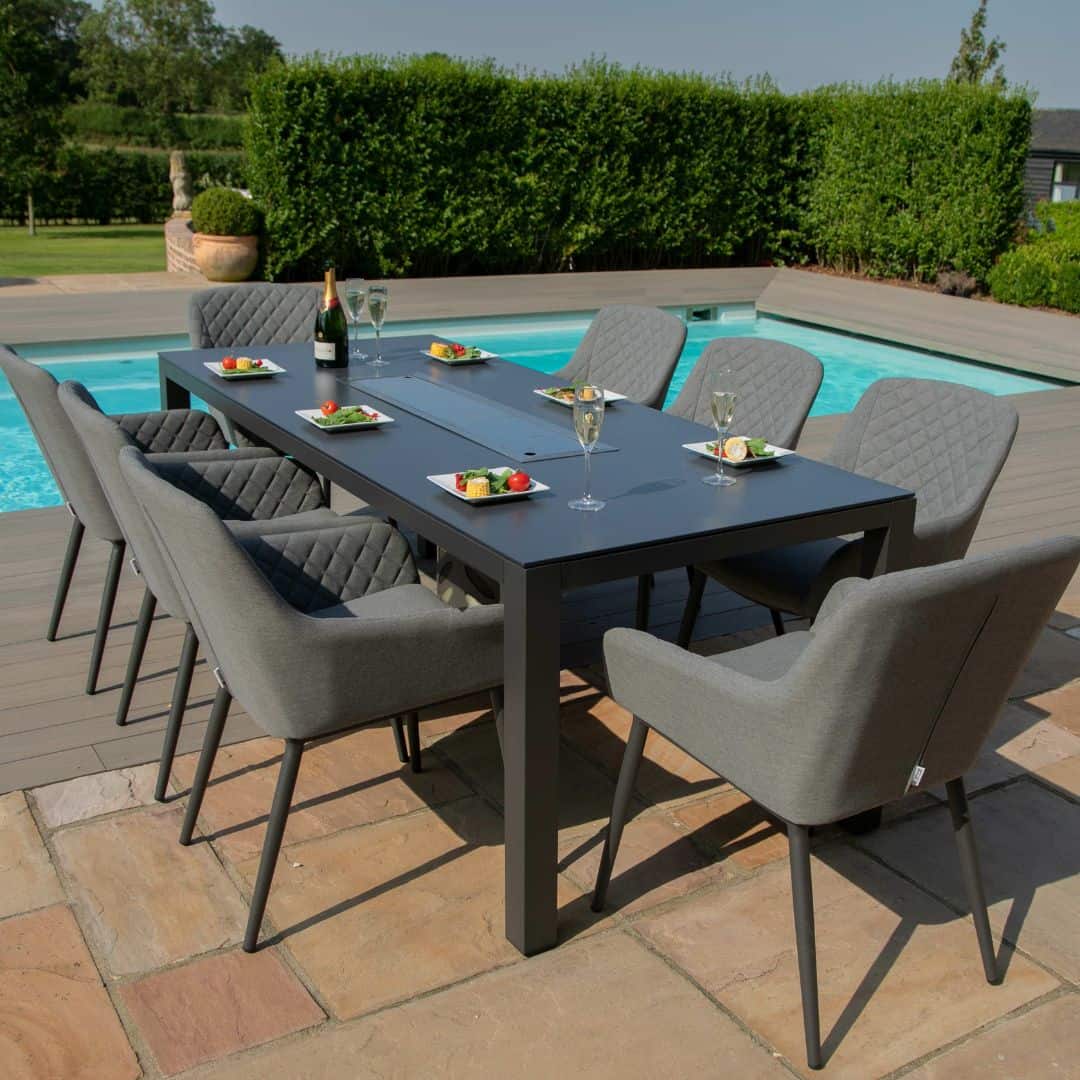 Grey 8 seat rectangular fire pit dining set, fire pit closed #colour_flanelle