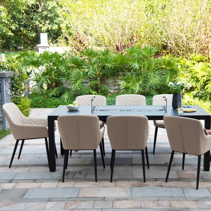 Side view of a taupe 8 seat rectangular fire pit dining set #colour_taupe