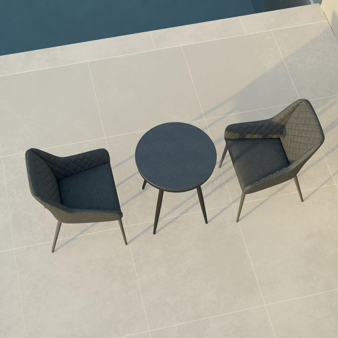 Overhead view of a 2 seat bistro set with round table and charcoal fabric chairs #colour_charcoal