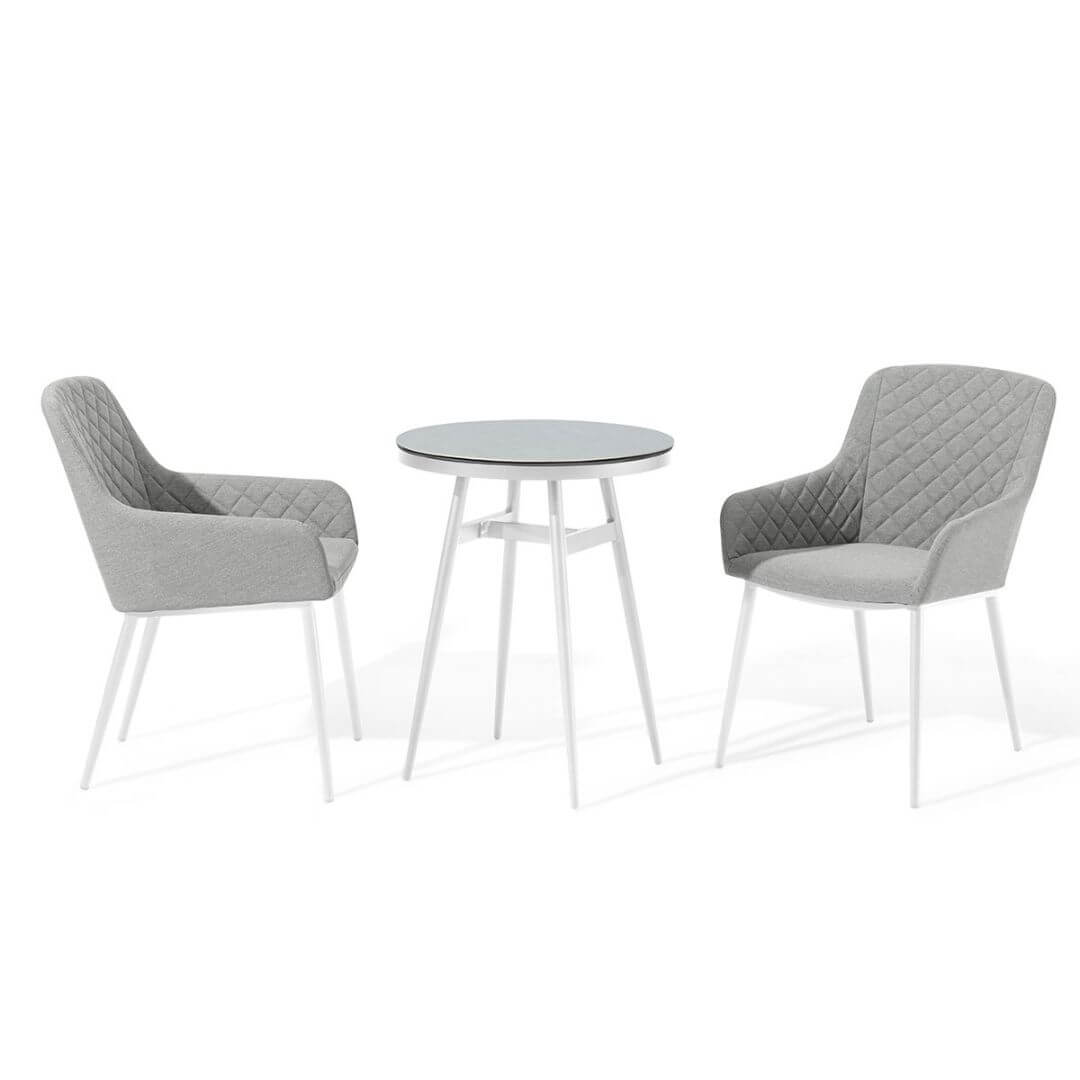 2 seat bistro set with white round table and light grey fabric chairs #colour_lead chine