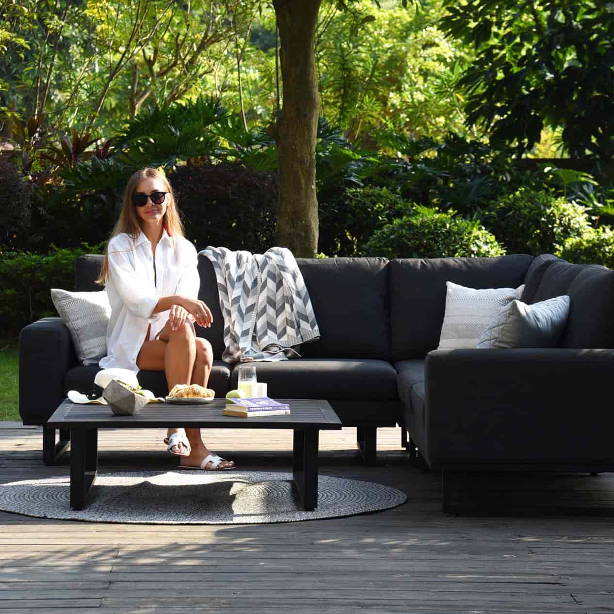Charcoal Outdoor Fabric and Black Aluminium Corner Sofa with a Slatted Coffee Table #colour_charcoal
