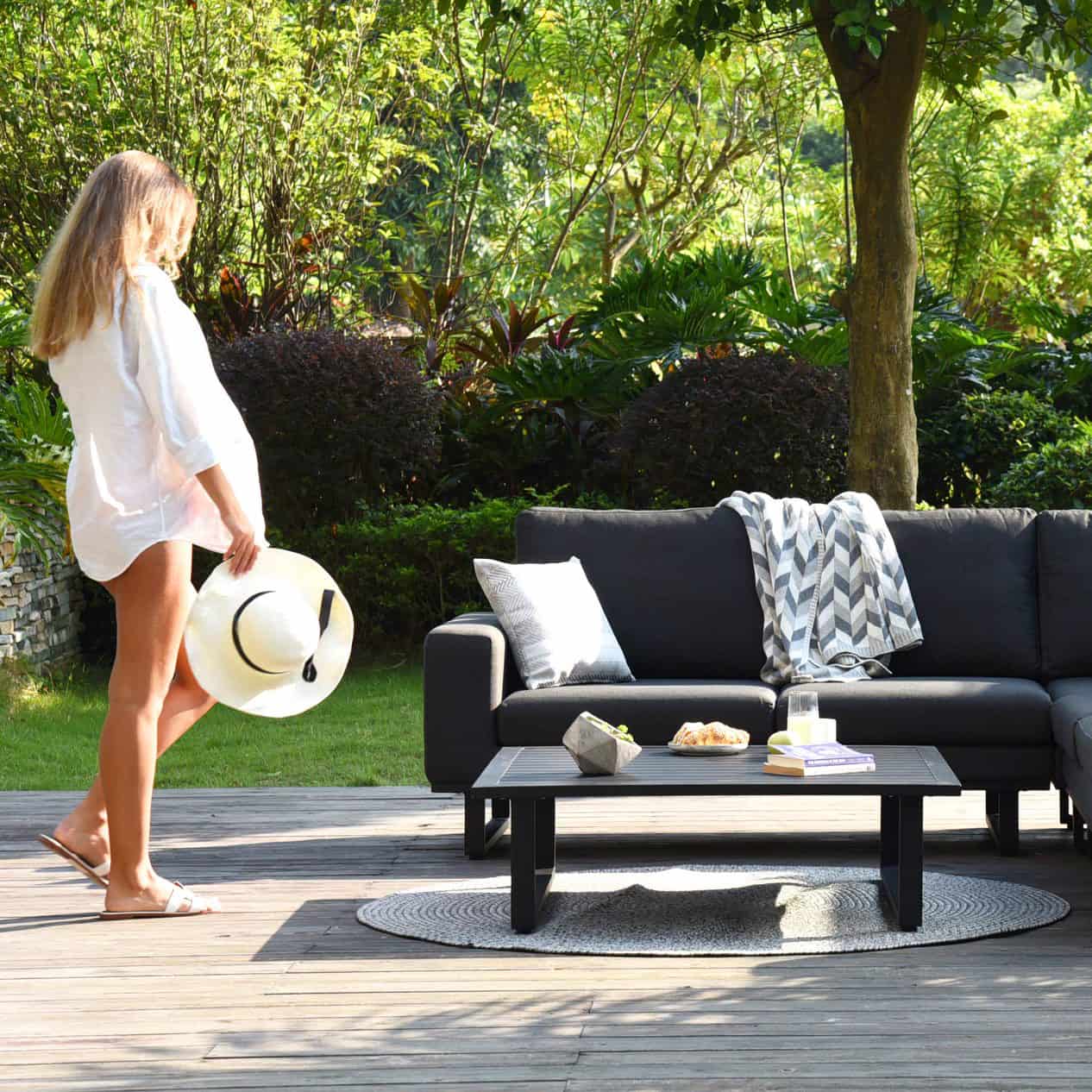 Charcoal Outdoor Fabric and Black Aluminium Corner Sofa with a Slatted Coffee Table #colour_charcoal
