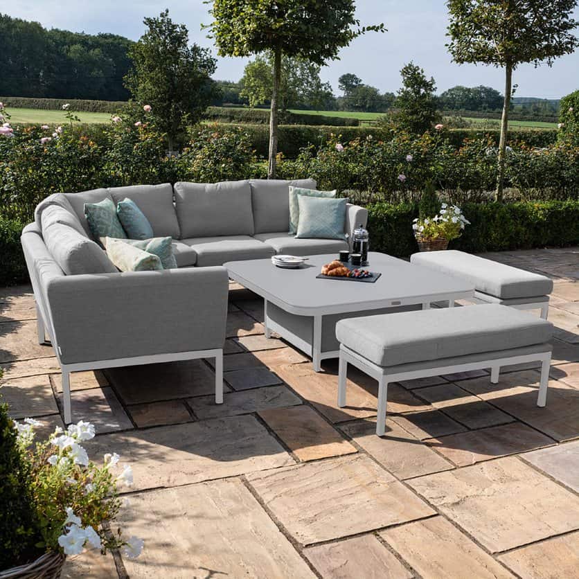 Fabric corner dining set with square rising table and two benches #colour_lead chine