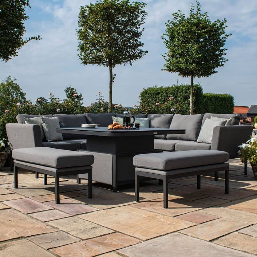Fabric corner dining set with square rising table and two benches #colour_flanelle