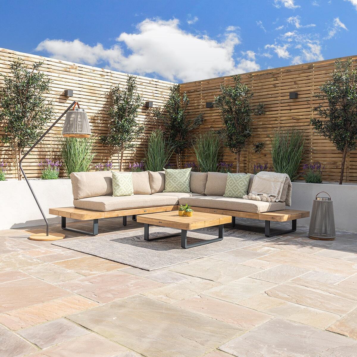 Acacia Wood Platform and Grey Aluminium Corner Sofa Set