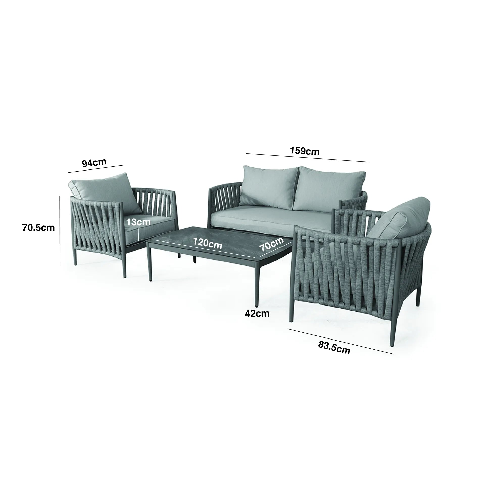 Dimension Footprint of a Rope Weave Fabric 2 Seat Sofa Set with 2 Armchairs and a Rectangular Coffee Table