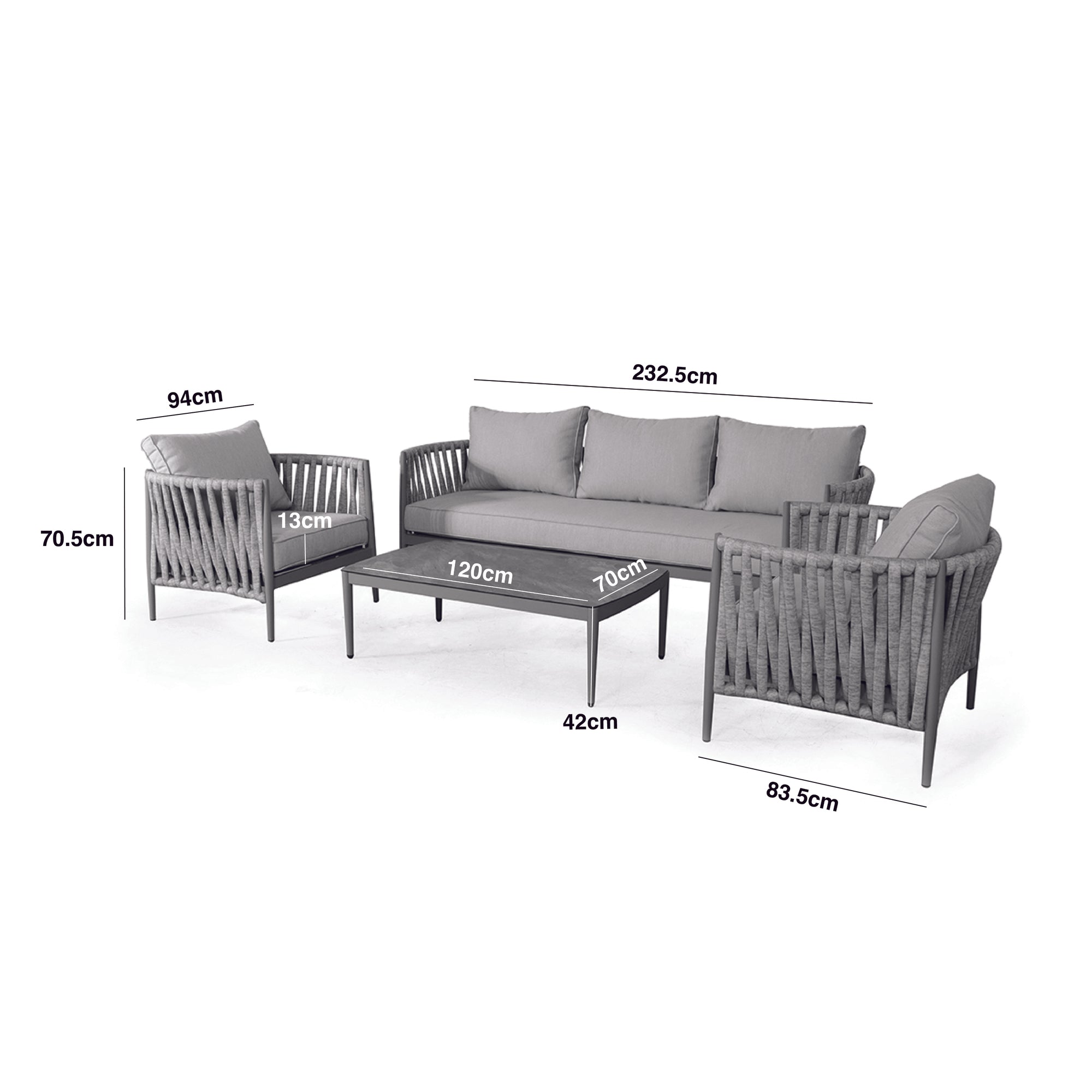 Dimension Footprint of a Rope Weave Fabric 3 Seat Sofa Set with 2 Armchairs and a Rectangular Coffee Table