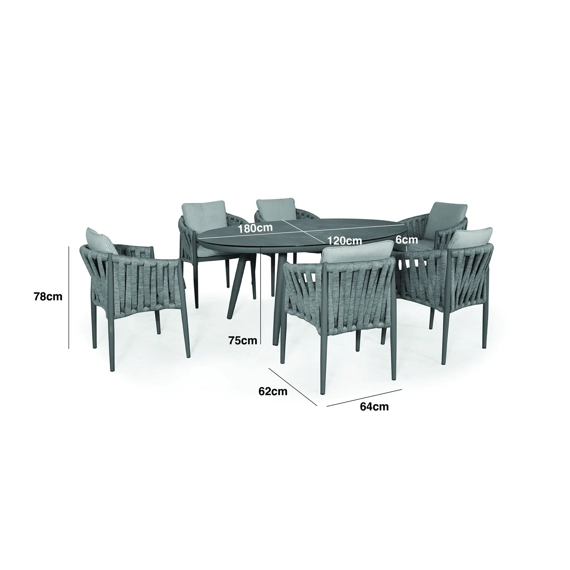Dimension Footprint of a Rope Weave Fabric 6 Seat Oval Dining Set