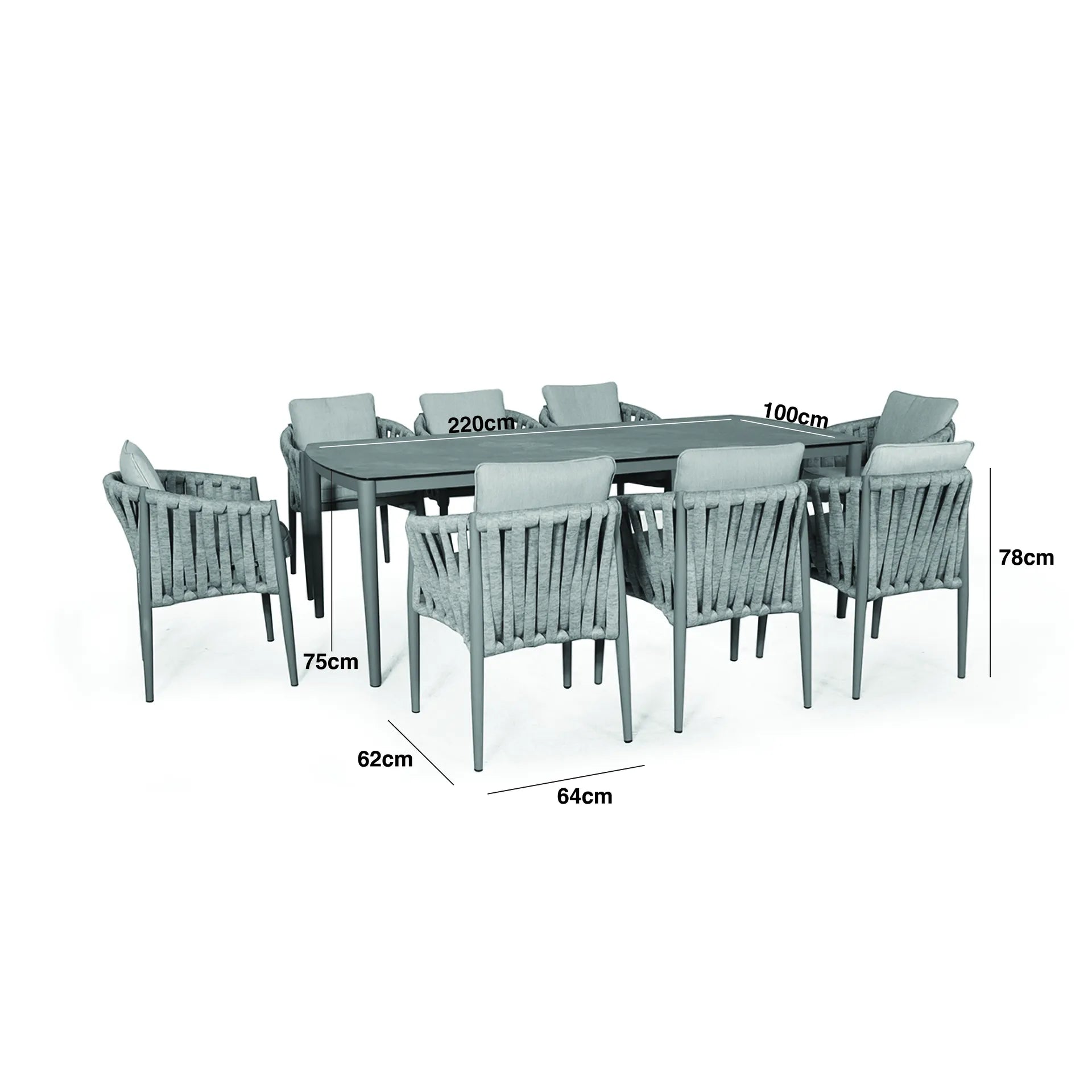 Dimension Footprint of a Rope Weave Fabric 8 Seat Rectangular Dining Set