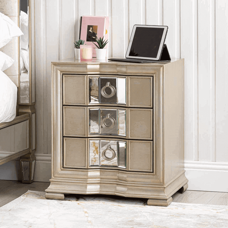 3 Drawer Champagne Mirrored Bedside