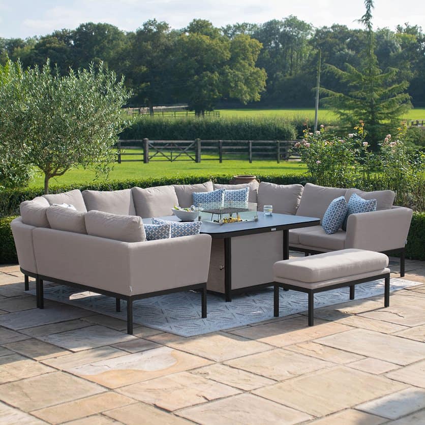 Fabric u-shape sofa dining set with a bench and fire pit table #colour_taupe