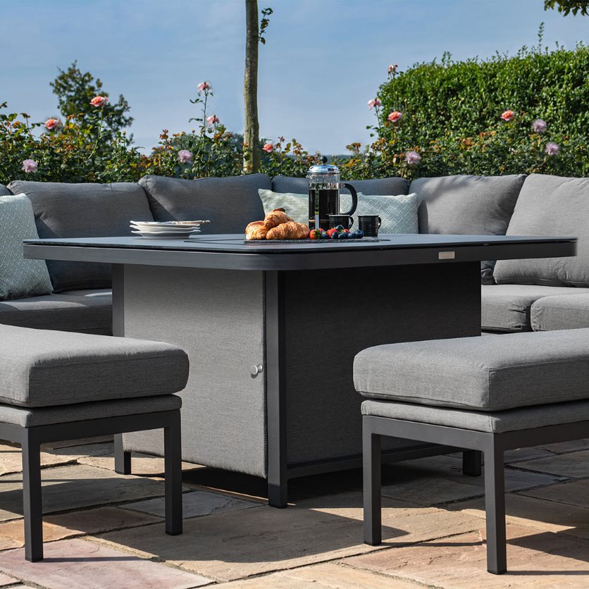 Fabric square corner dining set with firepit table and two benches #colour_flanelle