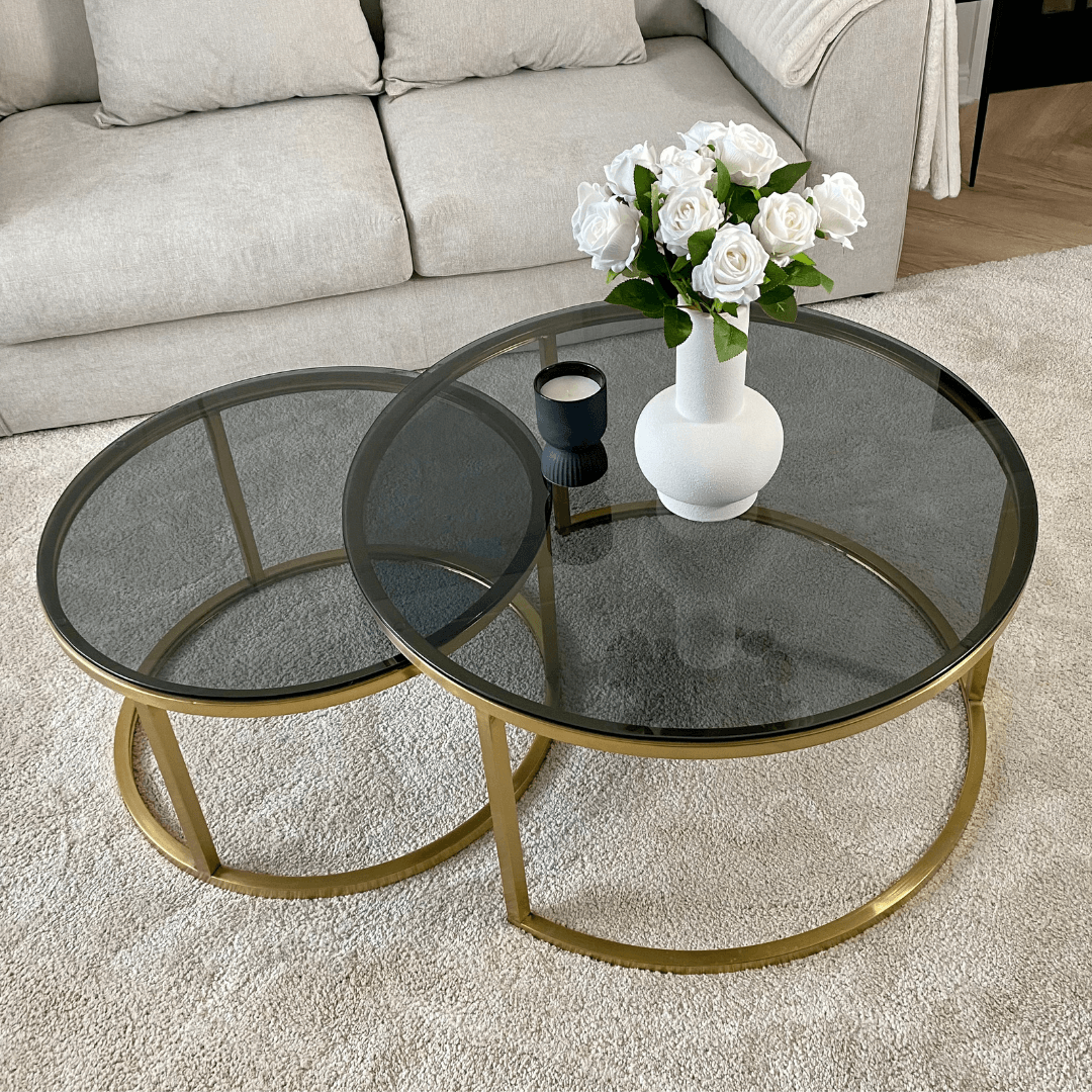 Brushed Gold Smoked Glass Nesting Tables