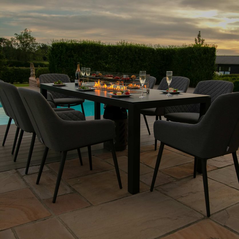 8 seat rectangular fire pit dining set with grey fabric dining chairs #colour_flanelle