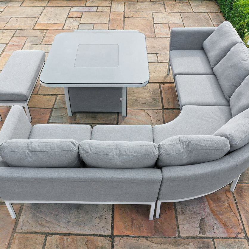 Fabric square corner dining set with firepit table and two benches #colour_lead chine