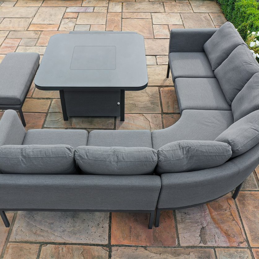 Fabric square corner dining set with firepit table and two benches #colour_flanelle
