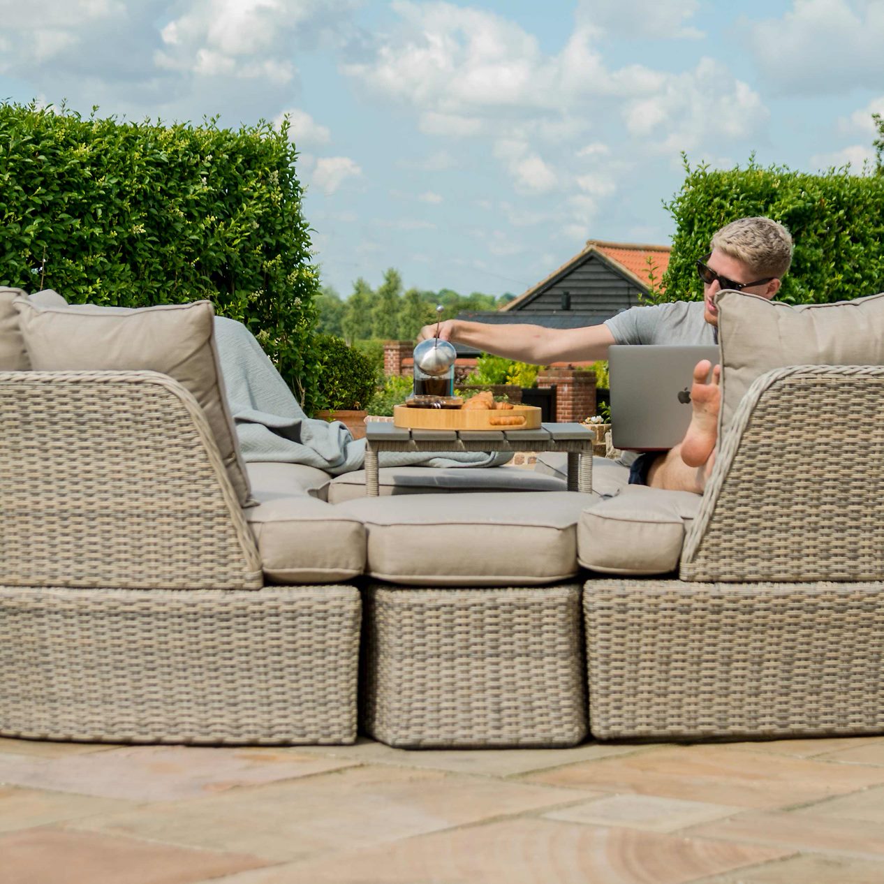 Grey/Taupe Rattan Daybed with Adjustable Table