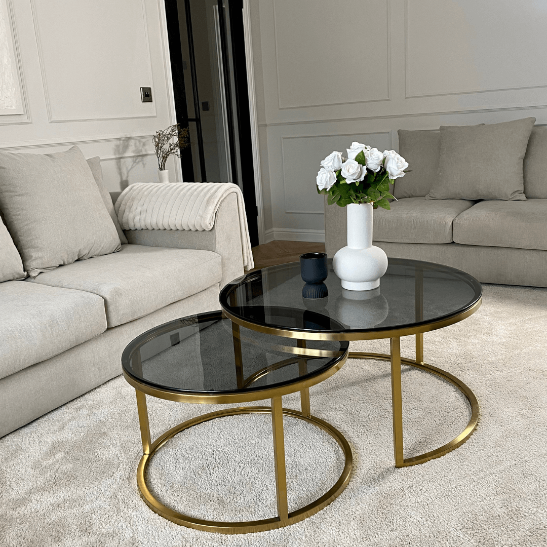Brushed Gold Smoked Glass Nesting Tables