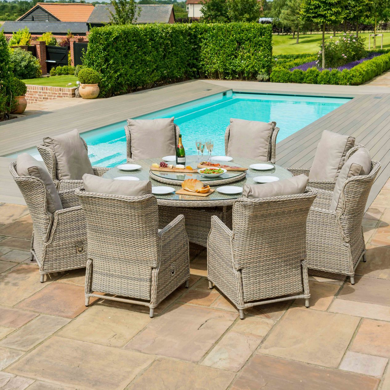 Cotswold Reclining 8 Seat Round Dining Set
(with woven Lazy Susan)