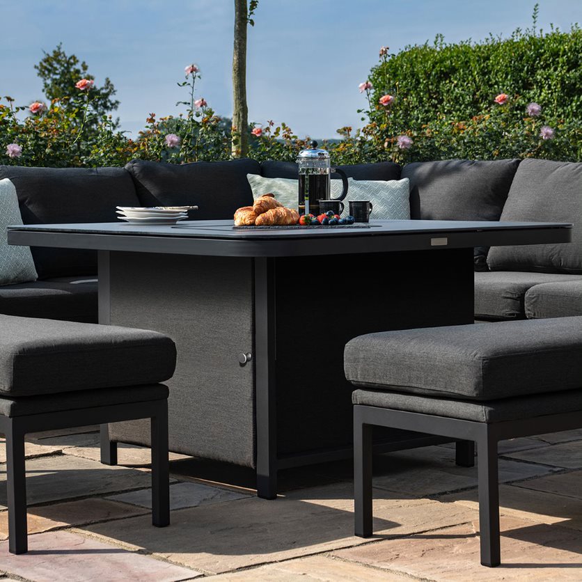 Fabric square corner dining set with firepit table and two benches #colour_charcoal