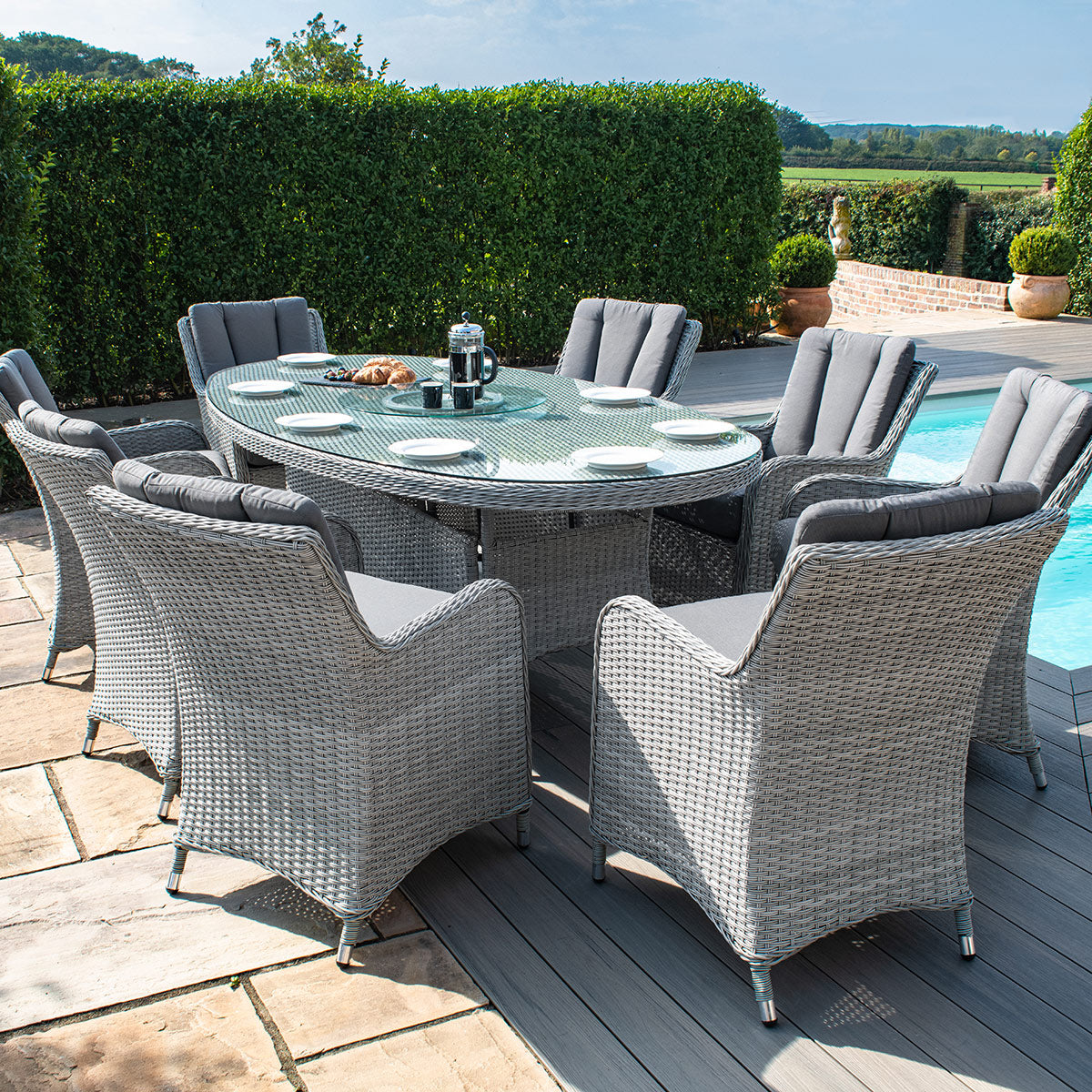 Grey rattan 8 Seat Oval Dining Set with Lazy Susan