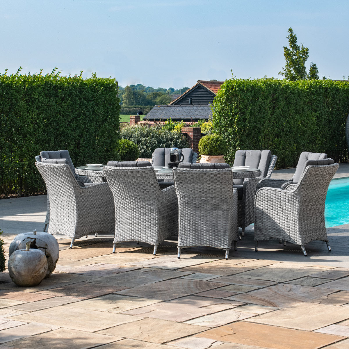 Grey rattan 8 Seat Oval Dining Set with Lazy Susan