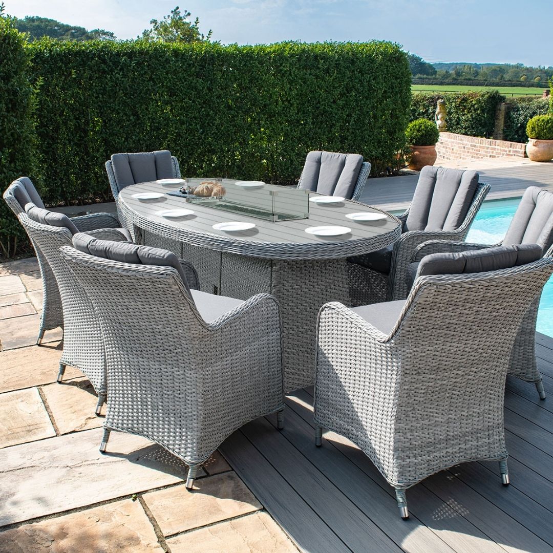 Grey Rattan 8 Seat Oval Rattan Dining Set - With Fire Pit Table