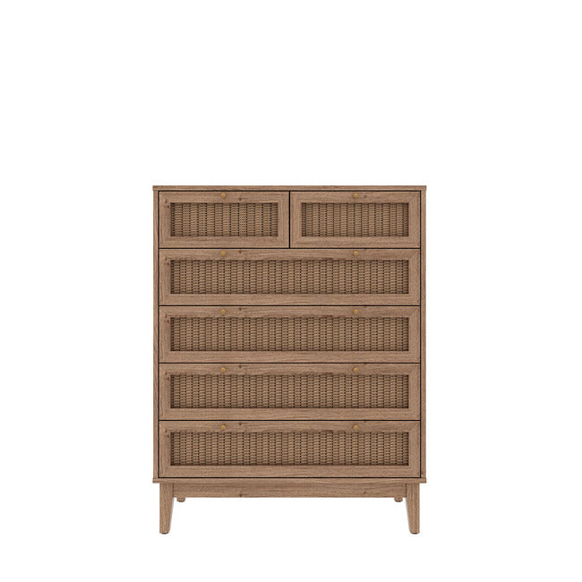 Oak coloured 6 drawer chest with rattan fronts and gold handles. Four equal sized drawers and two smaller drawers.