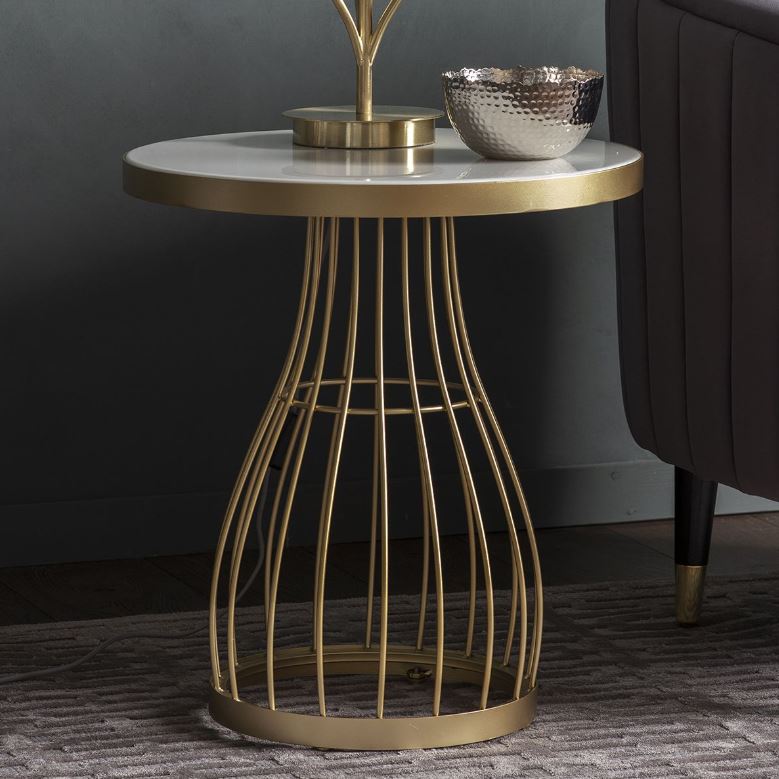 Champagne Wire & White Marble Circular Side Table