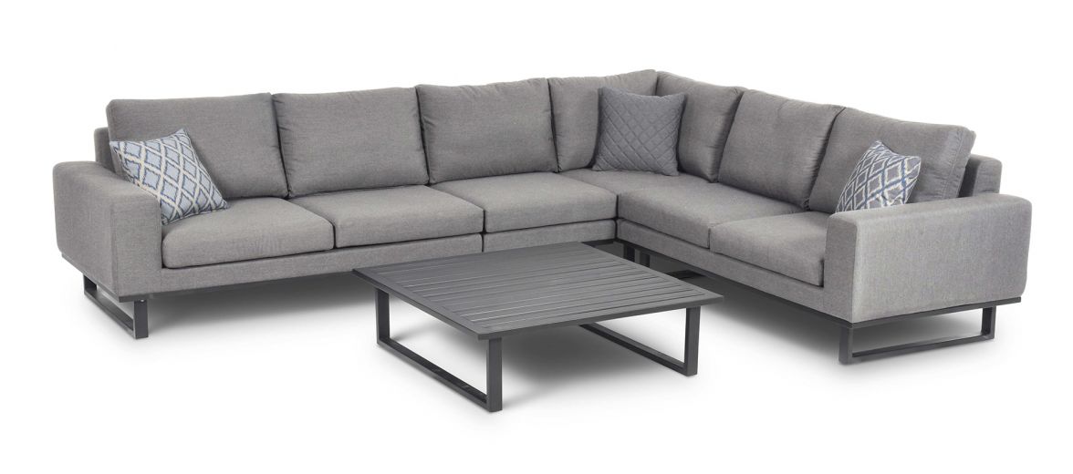 Grey Outdoor Fabric and Grey Aluminium Large Corner Sofa with a Slatted Coffee Table #colour_flanelle