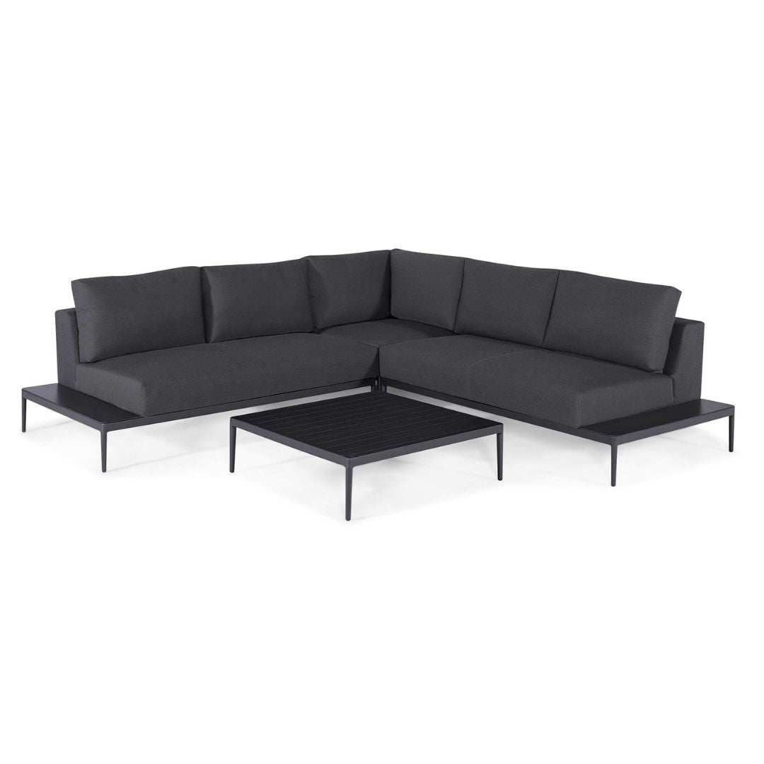 Charcoal Outdoor Fabric and Black Aluminium Corner Sofa with a Slatted Coffee Table #colour_charcoal