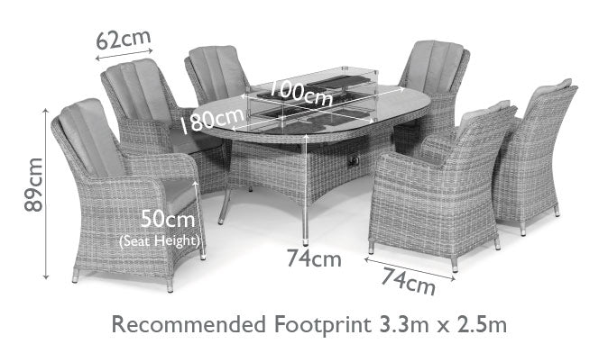 Diagram of a rattan 6 seat oval fire pit dining set with Venice chairs