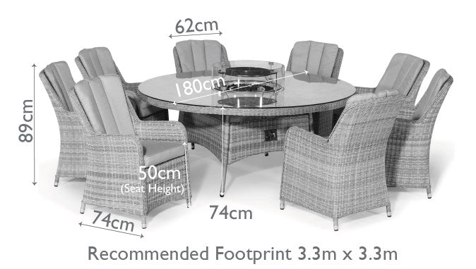 Light grey coloured rattan 8 seat round dining set with fire pit table