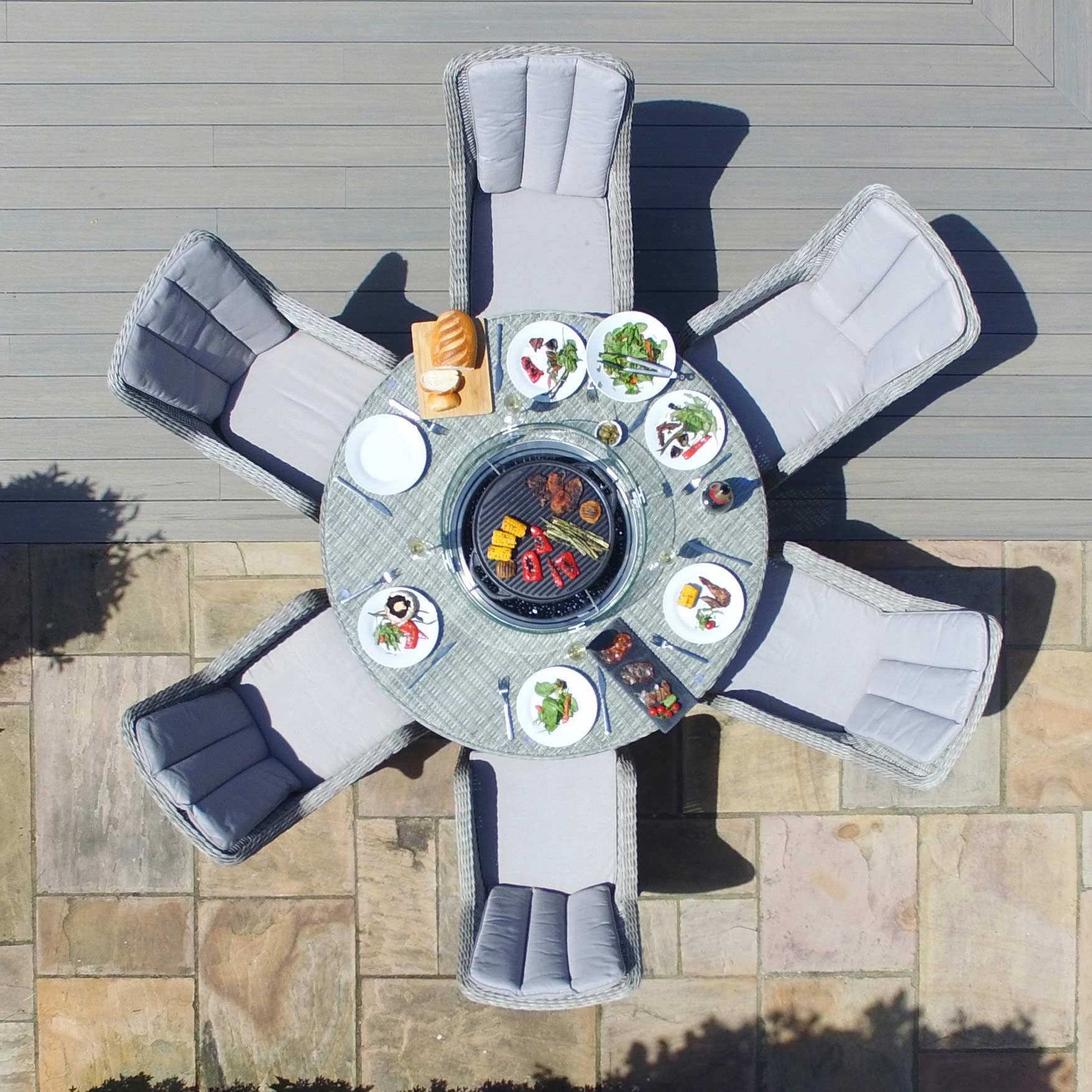 Oxford 6 Seat Round Fire Pit Dining Set with Venice Chairs and Lazy Susan