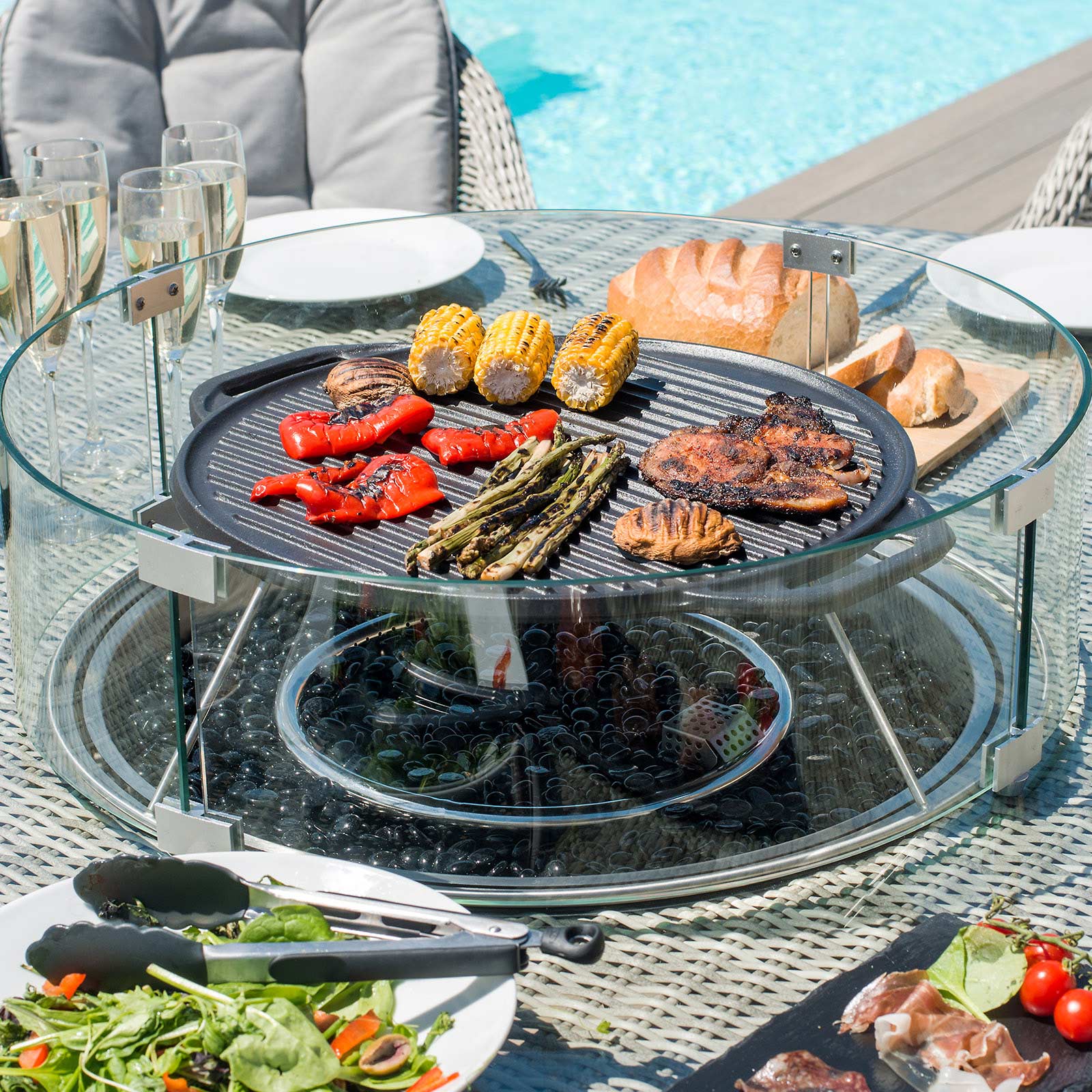 Oxford 6 Seat Round Fire Pit Dining Set with Venice Chairs and Lazy Susan